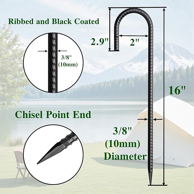 16 Inch Rebar Stakes J Hook 26 Pack Ground Stakes Heavy Duty Tent Stakes with Chisel Point End Chain Link Fence Stakes Galvanized Steel Ground Anchors Metal Spikes Black Coated-HomvellaHome