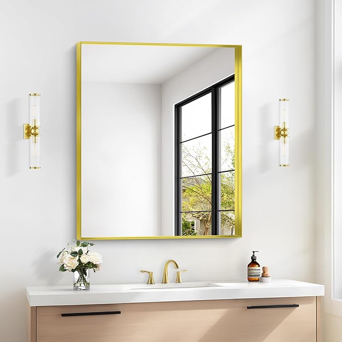 Gold Bathroom Mirror, 30x36 Inch Rectangular Framed Mirror, Large Wall Mounted Bathroom Vanity Mirror Over Sink for Bedroom,Restroom, Living Room, Hangs Vertically or Horizontally-HomvellaHome