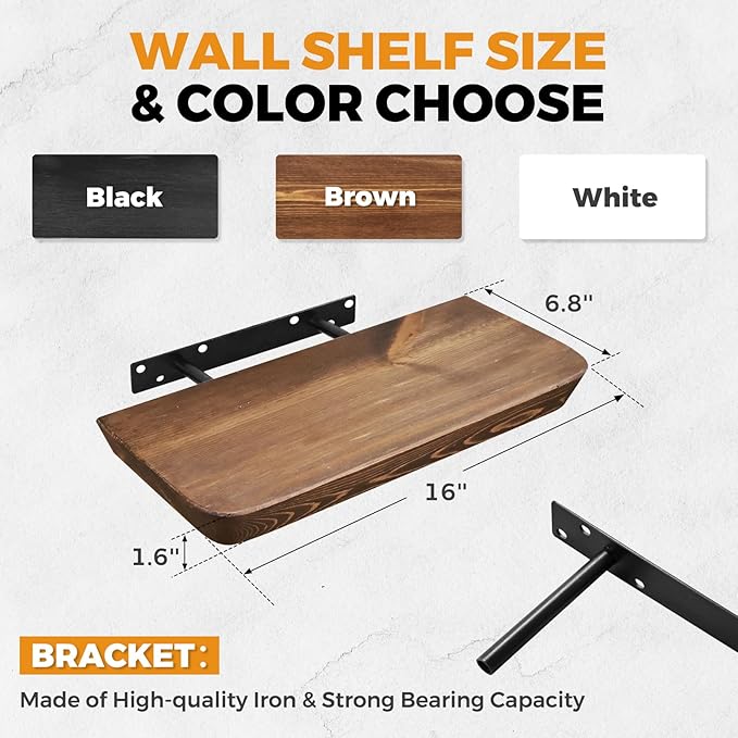 16"x6.8"x1.6" Slanted Floating Wall Shelves 2-Pack - Rustic Brown Finish, Heavy-Duty Solid Wood Design with Hidden Brackets - Perfect for Living Room, Kitchen, Bathroom, or Office-HomvellaHome