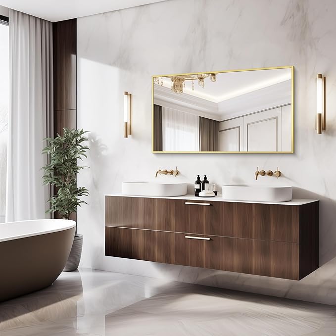Gold Bathroom Mirror for Wall, 30x48 Inch Rectangle Mirrors with Metal Frame, Modern Vanity Wall Mirror Decor for Bathroom Living Room, Entryway Hangs Horizontal or Vertical-HomvellaHome