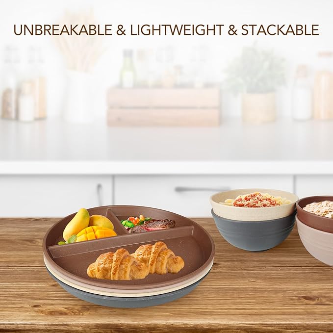 greenandlife 10 Inch 4PCS Unbreakable Portion Control Plates, Divided Plates for Kids Adults, Dishwasher & Microwave Safe Compartment Plate, Lightweight Reusable Wheat Straw Plate, Earth Tone-HomvellaHome