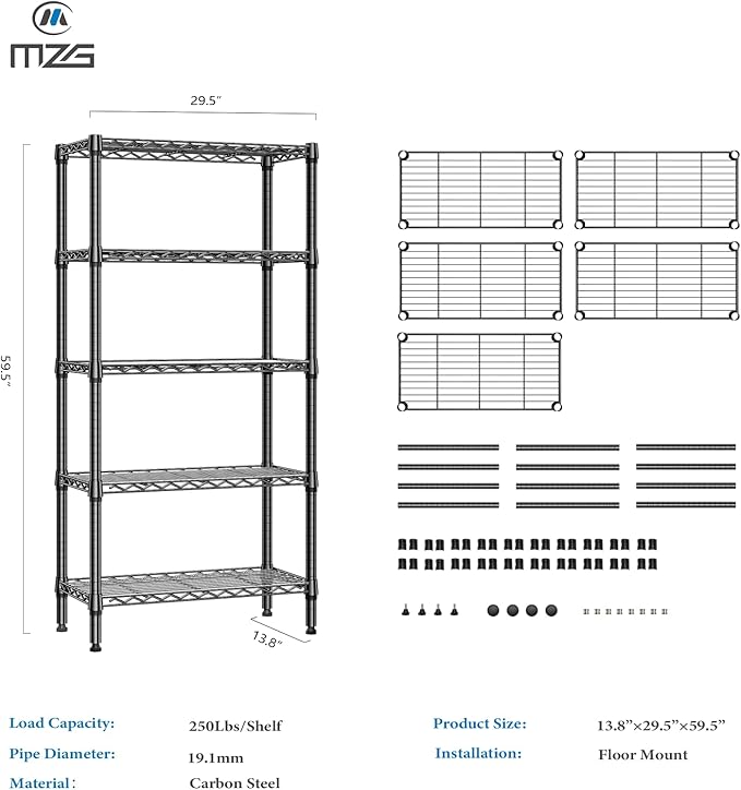 1250 lbs 5 Tier Shelf Metal Storage Shelves Shelving Wire Rack Heavy Duty Closet Organizers for Garage Kitchen Bathroom Laundry Black 13.8" D x 29.5" W x 59.5" H-HomvellaHome