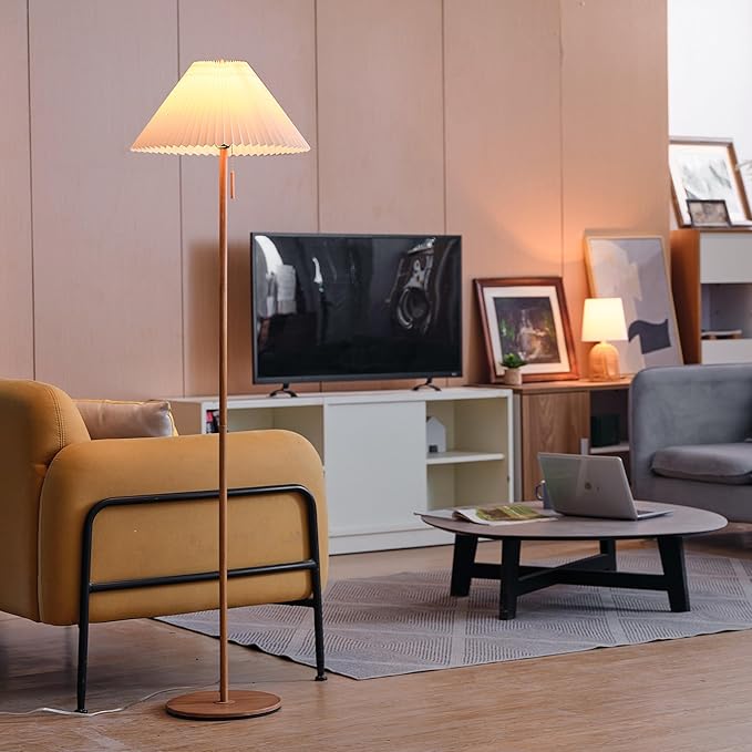 GLOBE Electric 61000053 62" Floor Lamp, Wood-Toned Finish, Pleated Fabric Shade, Pull Chain Switch, Reading Light, E26 Base, Modern Classic Lighting for Living Rooms and Bedrooms-HomvellaHome