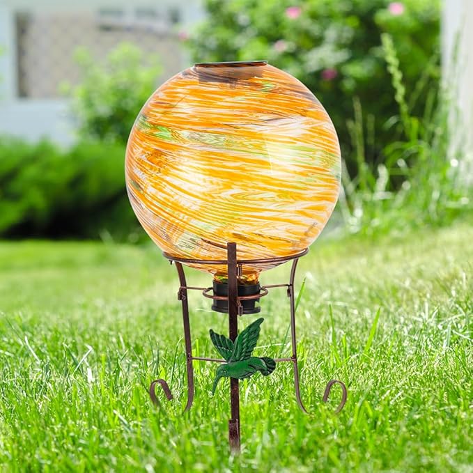 10" Diameter Solar Gazing Ball and 8.5" Metal Stand Indoor Outdoor Garden Ornament Glass Globe Sphere Yard Art Gazing Globe for Garden,Home,Lawn,Porch,Patio Birthday Gift for Women(Orange)-HomvellaHome