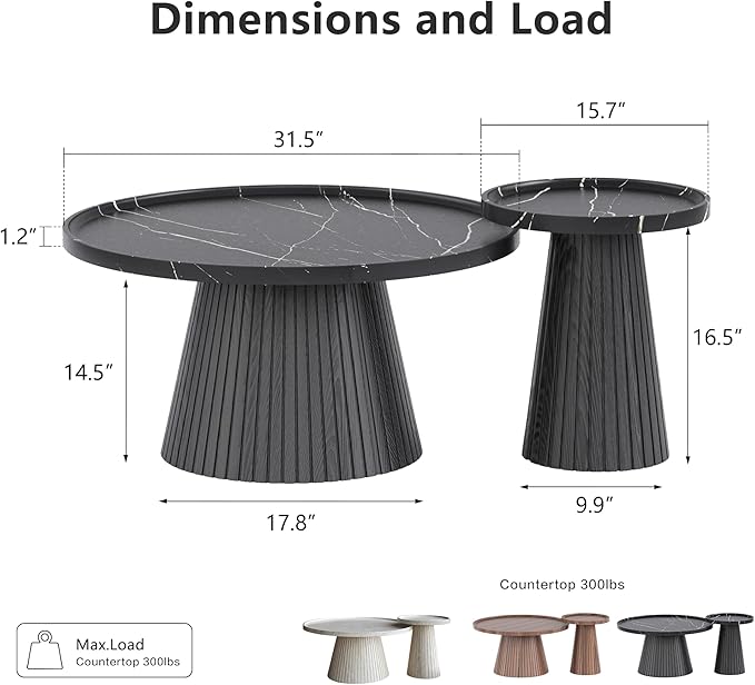 win2win Nesting Coffee Table Set of 2, Modern Coffee Table with Marble Veneer, Fluted Round Tea Table and End Table Set, Minimalist Center Tables for Living Room, Office, Black-HomvellaHome
