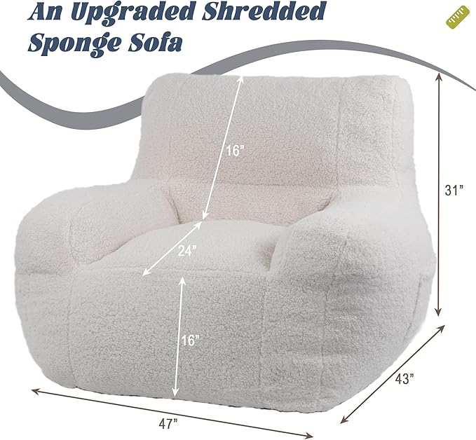 Giant Bean Bag Chair, Lambswool Bean Bag Chair for Adults, Eco-Friendly Filling Soft Bean Bag, White Been Bag for Bedroom, Living Room-HomvellaHome