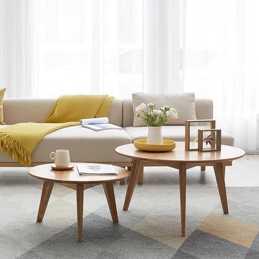 100% Solid Oak Wood Coffee Table Set, Round Coffee Table Combo Side Table w/Solid Wood Legs, Mid Century Table Sturdy Tables for Bedroom Balcony Living Room (Natural, Big-Medium Combo)-HomvellaHome