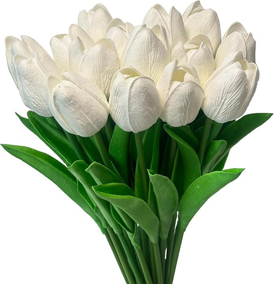 15pcs White Tulips PU Artificial Flowers Real Touch Fake Tulips for Spring Easter Home Kitchen Wedding Bouquet Bulk Mother's Gift Day Decorations-HomvellaHome