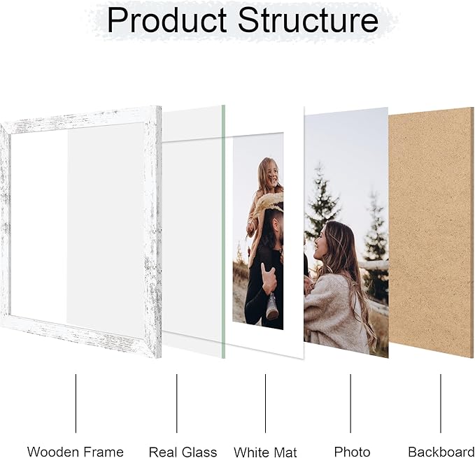 12x12 Picture Frame Set of 4, 12 x 12 Wood Photo Frames with Mat for 10x10 or 30x30cm Diamond Painting Art, Wooden Frame with Real Glass Cover for Wall and Tabletop Display,Distressed White-HomvellaHome