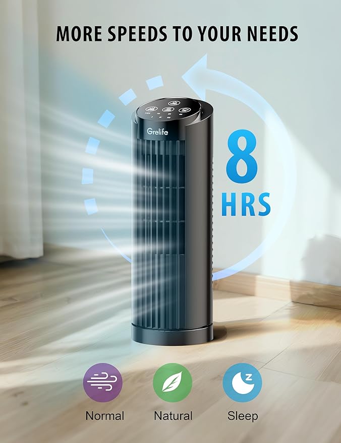 Grelife 13'' Tower Fan for Bedroom, 26dB Quiet Floor Fan with Remote, 3 Mode, 1-8H Timer, 90° Oscillating Fans for Indoors with 27ft/s Velocity, Portable Desk Table Fan for Room, Home, Office,Black-HomvellaHome