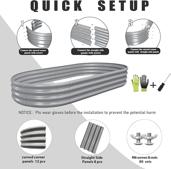 2 Pack 8x4x1FT Galvanized Raised Garden Bed Kit Oval Metal Ground Planter Box Outdoor Bottomless Planter Raised Beds for Vegetables Flowers Herbs Fruits, Gray-HomvellaHome