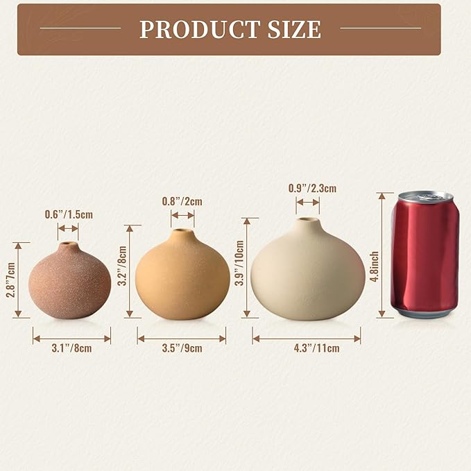 Ceramic Vase Set of 3, Bud Vases for Modern Farmhouse Home Decor, Cute Vases, Small Flower Vases for Dining Table Centerpieces,Living Room,Shelf,Mantel and Entryway Display-HomvellaHome