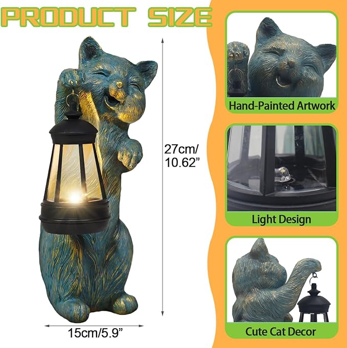 Garden Statues Cat with Solar Lantern Outdoor Bunny Figurines Decorations for Patio Yard Lawn Ornaments Gifts for Birthday Easter Housewarming Mother's Day-HomvellaHome