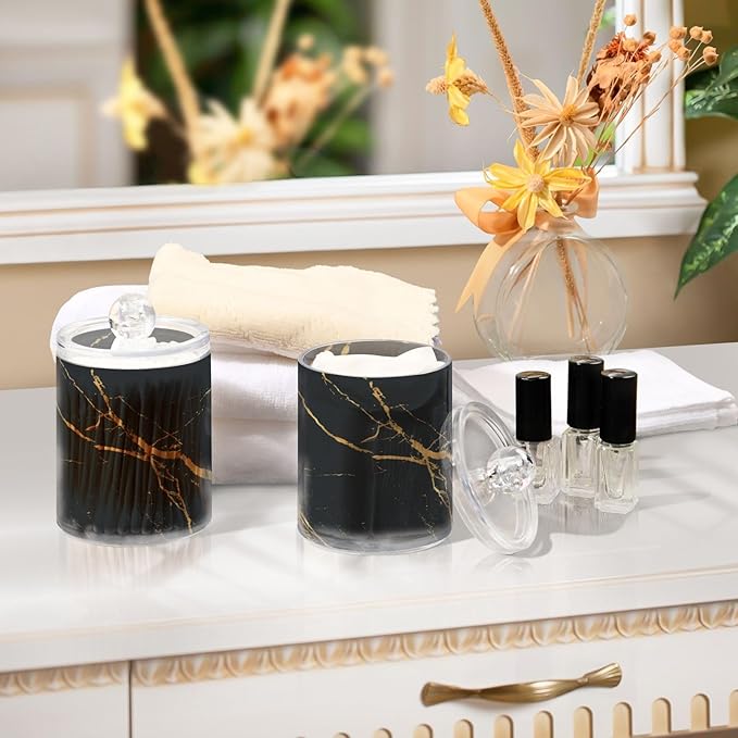 2 Pack Qtip Holder Organizer Dispenser Gold Black Marble Texture Bathroom Storage Canister Cotton Ball Holder Container for Cotton Pads/Swabs/Floss-HomvellaHome