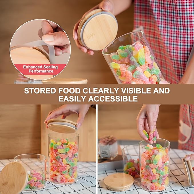 Glass Food Storage Jars Set of 8,26oz-Glass Storage Containers Clear Glass Food Canister with Bamboo Lid Airtight For Serving Tea, Coffee, Flour,Candy, Cookie, Spice(Round-8CMx15CM)-HomvellaHome