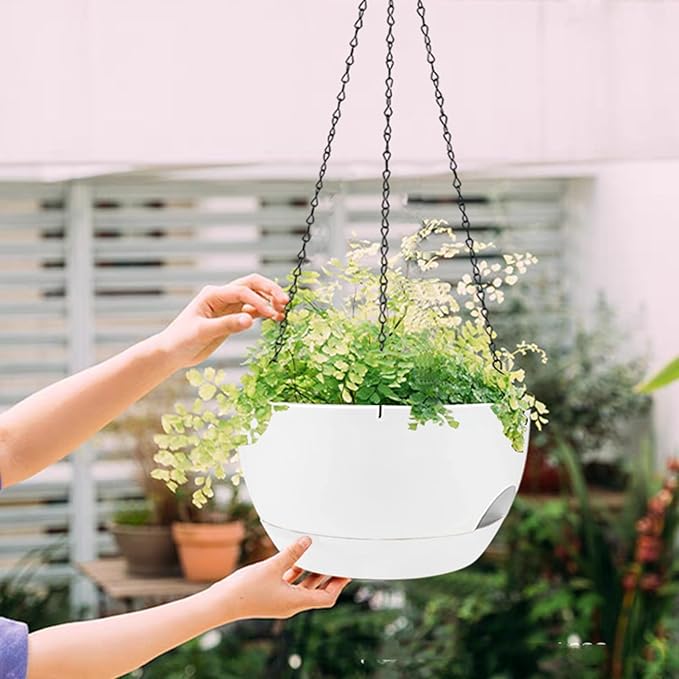 2 Pack Hanging Planters for Indoor Outdoor Plants, 8 Inch Self Watering Hanging Pot with Drainage Holes and Saucer, Plastic Plant Pots, White Flower Pots for Kitchen, Balcony, Garden-HomvellaHome