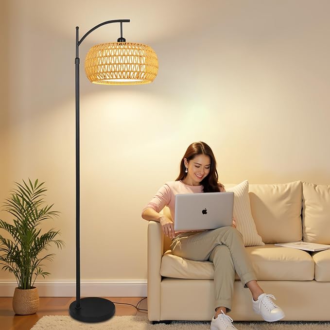Arc Floor Lamps for Living Room Rattan Boho Floor Lamp with Remote Control,Dimmable LED Floor Lamp Wicker Lamp Shades Black Standing Lamp with 3 Color Temperature Tall Floor Lamps For Bedroom Corner-HomvellaHome