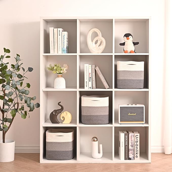 11 Inch Cube Storage Bins, Storage Cube Organizer Bins, Woven Cotton Rope Basket for Storage, Storage Baskets for Organizing Shelves, Grey Baskets for Toys, Gradient Grey (Pack of 3)-HomvellaHome