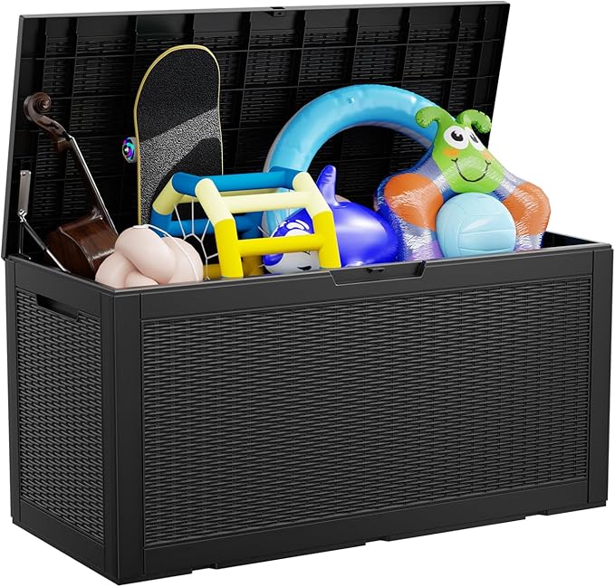 100 Gallon Deck Box,Resin Outdoor Storage Box with Lockable for Patio Furniture, Pool Accessories, Garden Tools Waterproof Outside Storage Box, Black-HomvellaHome