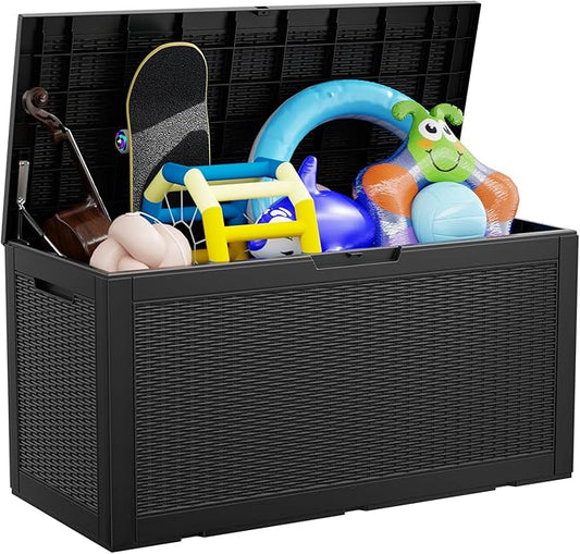 100 Gallon Deck Box,Resin Outdoor Storage Box with Lockable for Patio Furniture, Pool Accessories, Garden Tools Waterproof Outside Storage Box, Black-HomvellaHome