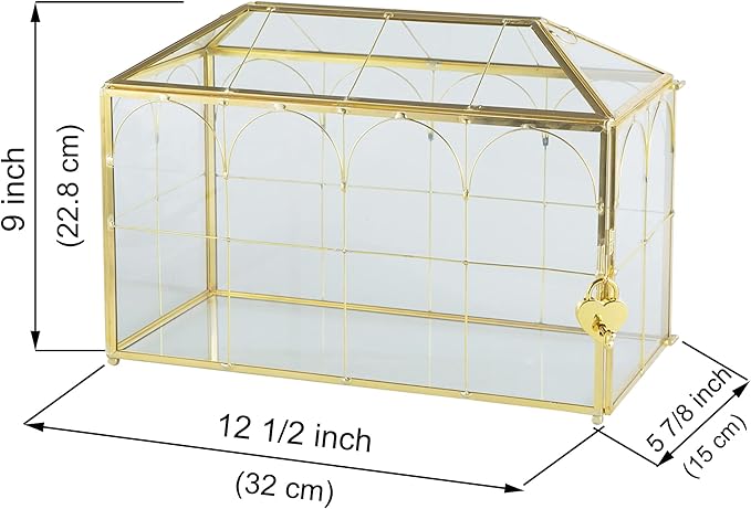 Glass Wedding Card Box with Slot, 12.6 inch Large Clear Card Box Gold Brass Gift Card Storage Box with Lock for Wedding Receptions, Baby Shower, Birthday Party, Bridal Shower-HomvellaHome