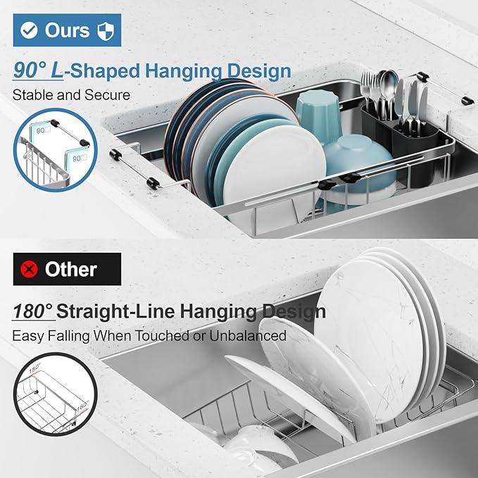 GSlife Expandable in Sink Small Dish Drying Rack - Stainless Steel Capacity Adjustable Over The Sink Dish Rack with Utensil Holder, 11.9“-16.7” L x 9" W x 5.7" H, Silver-HomvellaHome