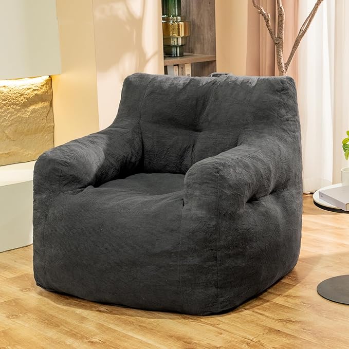 Giant Bean Bag Chair, Large Bean Bag Chair for Adults, Fluffy and Comfy Bean Bag Chair with Filler, Big Bean Bag Sofa Chair for Reading, Stuffed High-Density Foam, Grey-HomvellaHome