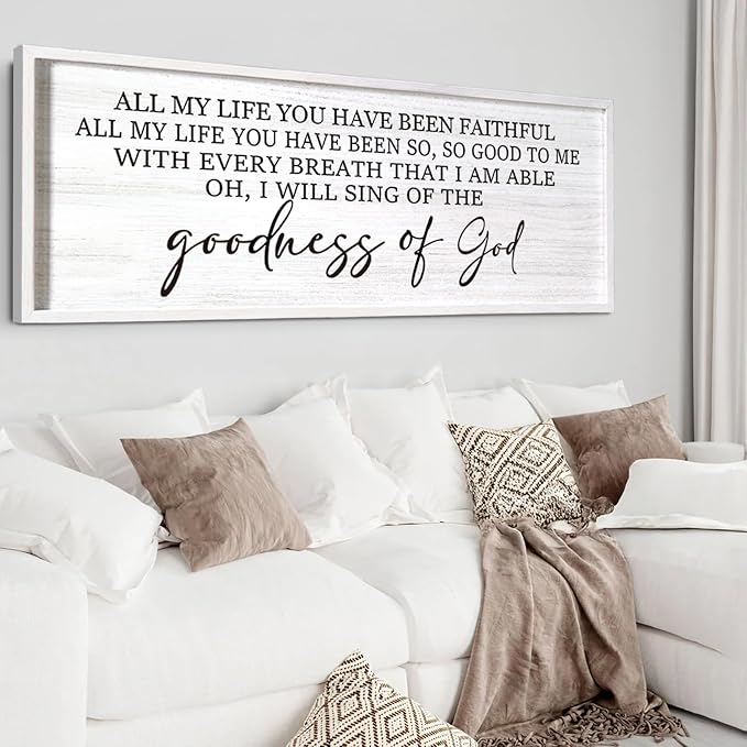 Goodness of God Framed Wall Art, 40''×15'' Positive Religious White Bible Verse for Christian God Jesus Christ Prayer, Vintage Rustic Long Holy Catholic Scripture Decor-HomvellaHome