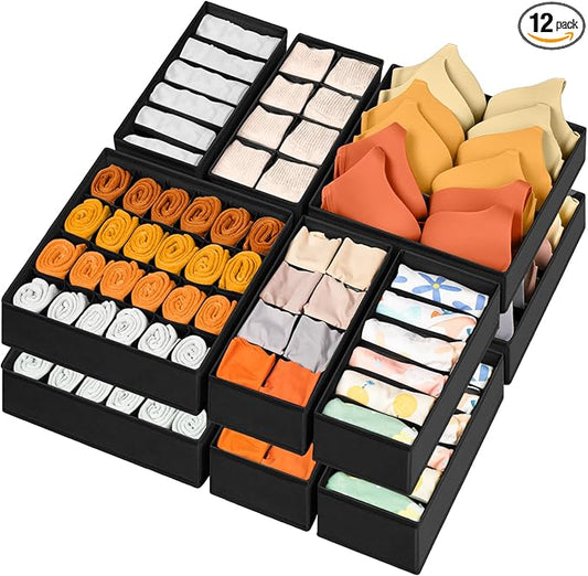 12 Pack Drawer Organizers, 116 Compartments Fabric Foldable Dresser Drawer Organizers for Clothing, Closet Organizers and Storage Bins for Clothes, Christmas Ornament Storage Boxes with Dividers-HomvellaHome