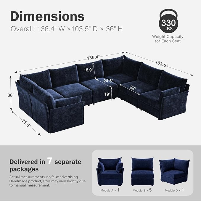 136.4" Oversized Modular Sectional Sofa, U Shaped Convertible Couch with Movable Ottoman, Large 7 Seat Corner Couches for Living Room Deep Seat Blue Chenille-HomvellaHome