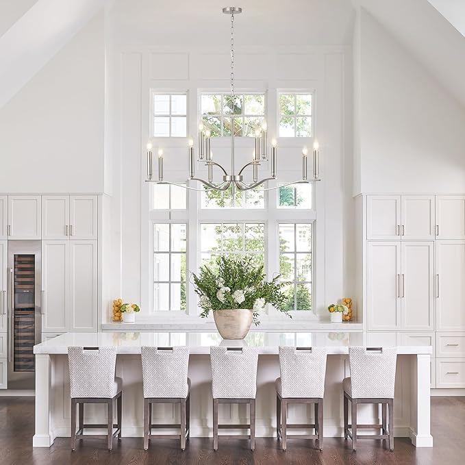 12 Light Nickel Living Room Chandelier High Ceiling Foyer Candle Chandelier Large Modern 44in Metal Chandeliers Hanging Light for Master Bedroom Dining Room Light Fixture Over Table-HomvellaHome