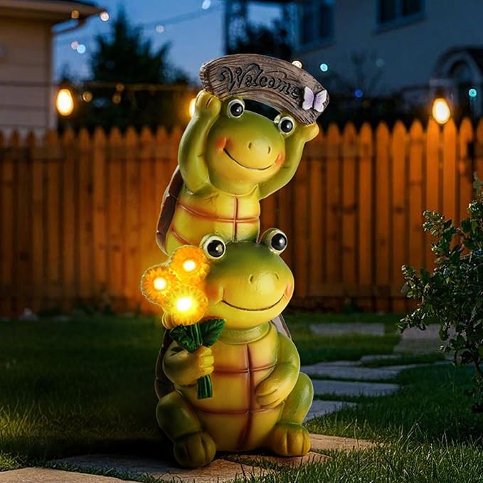 Garden Turtle Outdoor Statues, Solar Garden Statue Two Sweet Frog Face Turtles Decor with 3 LED Lights, Unique Art Resin Gifts for Patio Lawn Porch Yard-HomvellaHome