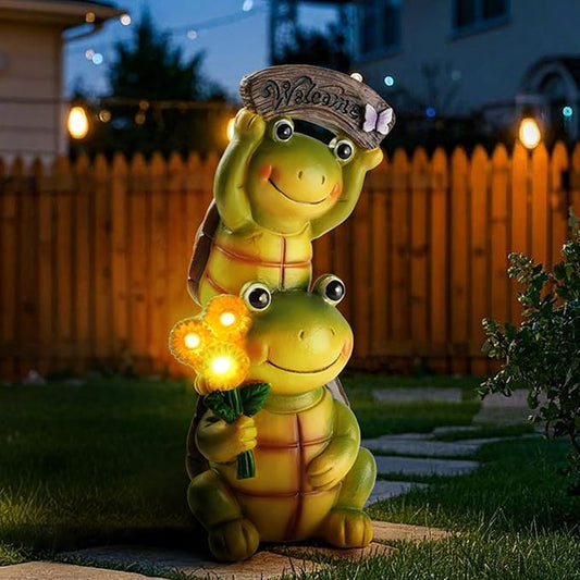 Garden Turtle Outdoor Statues, Solar Garden Statue Two Sweet Frog Face Turtles Decor with 3 LED Lights, Unique Art Resin Gifts for Patio Lawn Porch Yard-HomvellaHome