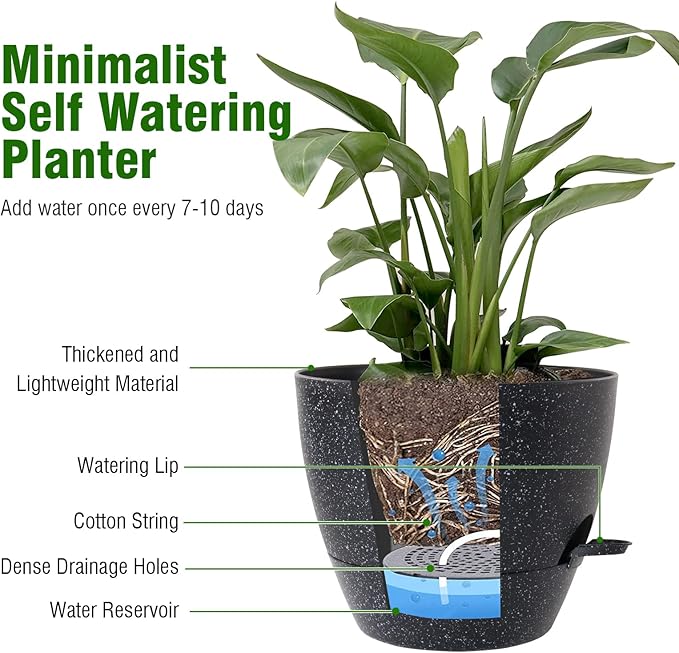 12/10/9 inch Large Self Watering Pots, Planter, Plant Pots with Mesh Drainage Holes for Indoor Outdoor Garden Plants, Plastic Flower Pots with Removable Deep Reservoir, Speckled Black-HomvellaHome