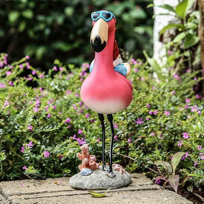 Gnome Garden Statue Funny Gnome Reclining on Flamingo Dwarf Figurines Resin Garden Gnomes Fall Decorations Outdoor for Patio Yard Lawn Porch Housewarming Ornament Gift-HomvellaHome