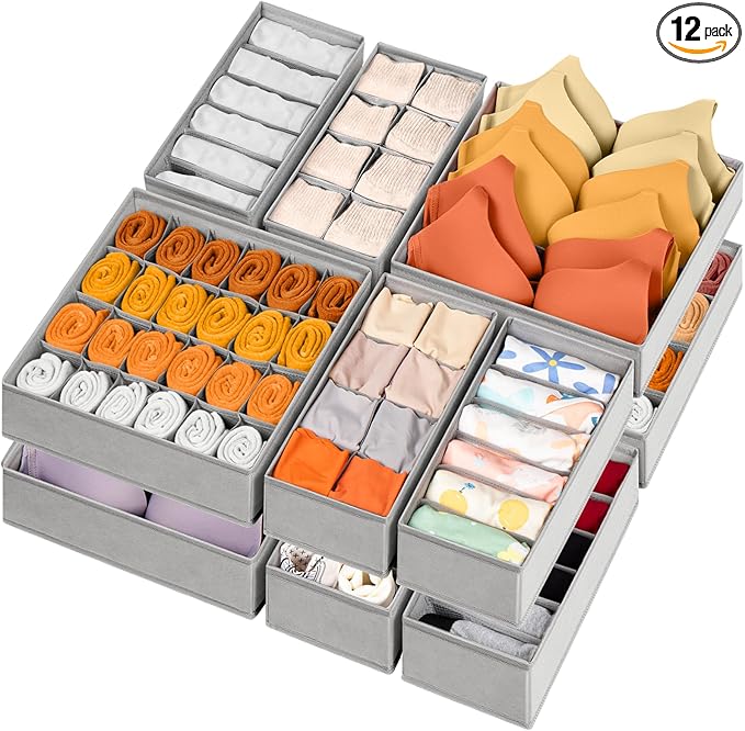 12 Pack Sock Underwear Drawer Organizer Dividers, 116 Cells Fabric Foldable Dresser Closet Organizers and Storage Bins for Baby Clothing, Women Men Underwear Socks, Bra, Ties, Scarf-HomvellaHome