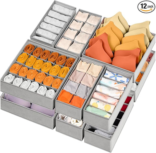 12 Pack Sock Underwear Drawer Organizer Dividers, 116 Cells Fabric Foldable Dresser Closet Organizers and Storage Bins for Baby Clothing, Women Men Underwear Socks, Bra, Ties, Scarf-HomvellaHome