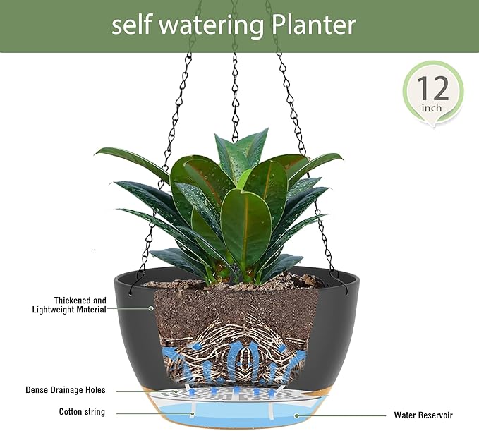 12 Inch Hanging Baskets 2 PC with Chains, Self-Watering Hanging Planters for Indoor Outdoor Plants, Plastic Hanging Flower Pots,Black Brown-HomvellaHome