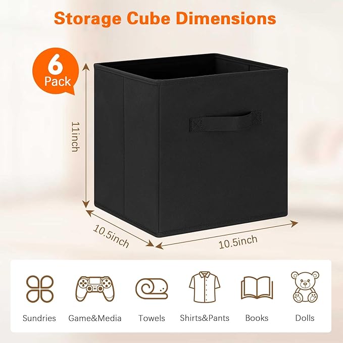 GhvyenntteS Storage Cubes 6 Pack, 11 Inch Cube Storage Bins with Dual Handles, Collapsible Heavy Duty Fabric Bins for Shelves Closet, Baskets for Organizing Clothes Bedding Toys Books (Black)-HomvellaHome
