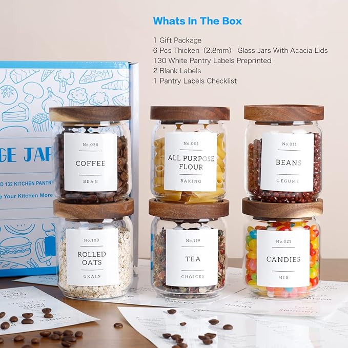 16 OZ Stackable Glass Food Storage Jars with 132 Pantry Labels Preprinted - 6 Pcs Thicken Glass Storage Containers with Airtight Acacia Lid - Clear Kitchen Canister for Spice, Tea, Coffee, Sugar-HomvellaHome