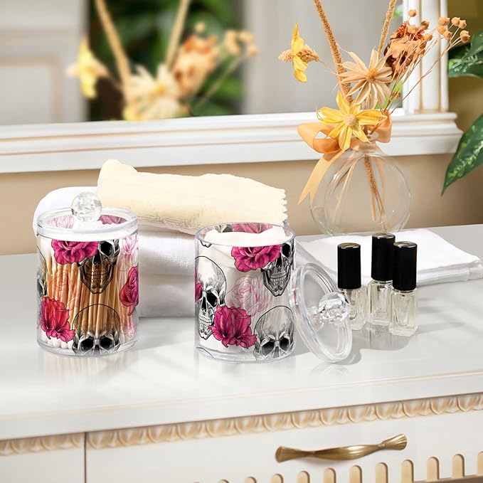 2 Pack Qtip Holder Dispenser Skull Rose Flower Bathroom Storage Canister Lid Acrylic Plastic Apothecary Jar Set Vanity Makeup Organizer for Cotton Swab/Ball/Round Pads, Floss-HomvellaHome