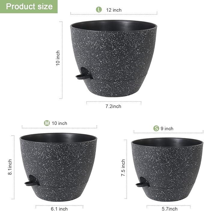 12/10/9 inch Large Self Watering Pots, Planter, Plant Pots with Mesh Drainage Holes for Indoor Outdoor Garden Plants, Plastic Flower Pots with Removable Deep Reservoir, Speckled Black-HomvellaHome