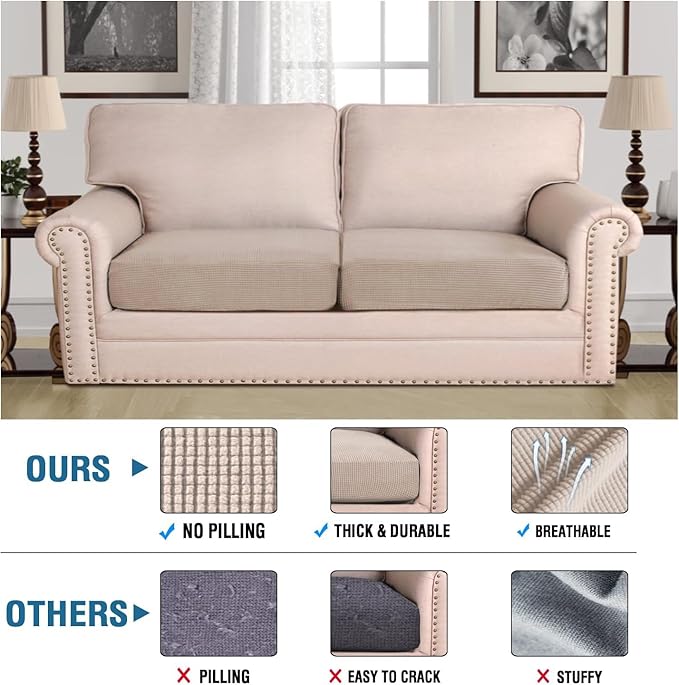 H.VERSAILTEX Super Stretch Individual Seat Sofa Covers Couch Slipcover Sets Thick Jacquard Textured Twill Fabric (2 Piece Large Sofa Cushion Covers, Sand)-HomvellaHome
