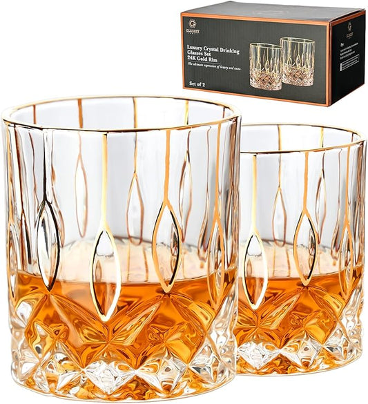 Gold Rim Whiskey Glasses Set of 2,Crystal Old Fashioned Glasses-Luxury Gold Collection,Perfect for Scotch Bourbon Rocks Cognac Vodka Gin Tequila Rum Liquor,Whiskey Gifts for Men-HomvellaHome
