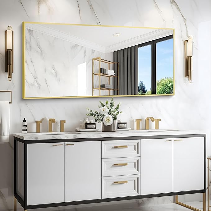 Gold Bathroom Mirror for Wall, 60x30 Inch Rectangle Mirrors with Metal Frame, Modern Vanity Wall Mirror Decor for Bathroom Living Room, Entryway Hangs Horizontal or Vertical-HomvellaHome