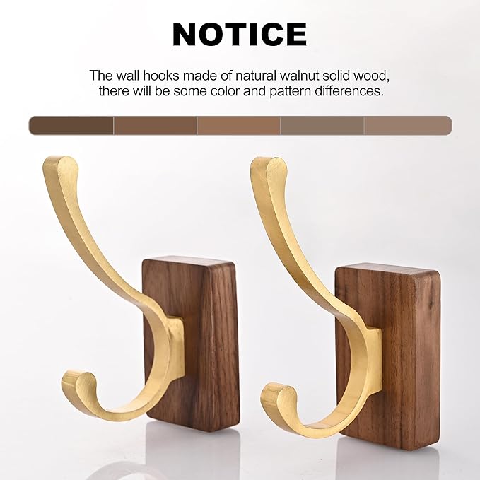 2 Pack Wooden Wall Hooks for Hanging, Adhesive Mounted Wall Mounted Boho Decorative Nature Wood Coat Hook for Towel Clothes Blanket Hat Backpack Robe Nursery Door Board Entryway Key Holder Gold-HomvellaHome