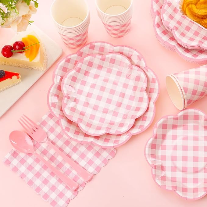 175 Pcs Pink Gingham Plates and Napkins Party Supplies - Pink and White Checkered Plates Sets Serve 25 Guests - Scalloped Gingham Paper Plate for Birthday Wedding Picnic Party Decorations-HomvellaHome