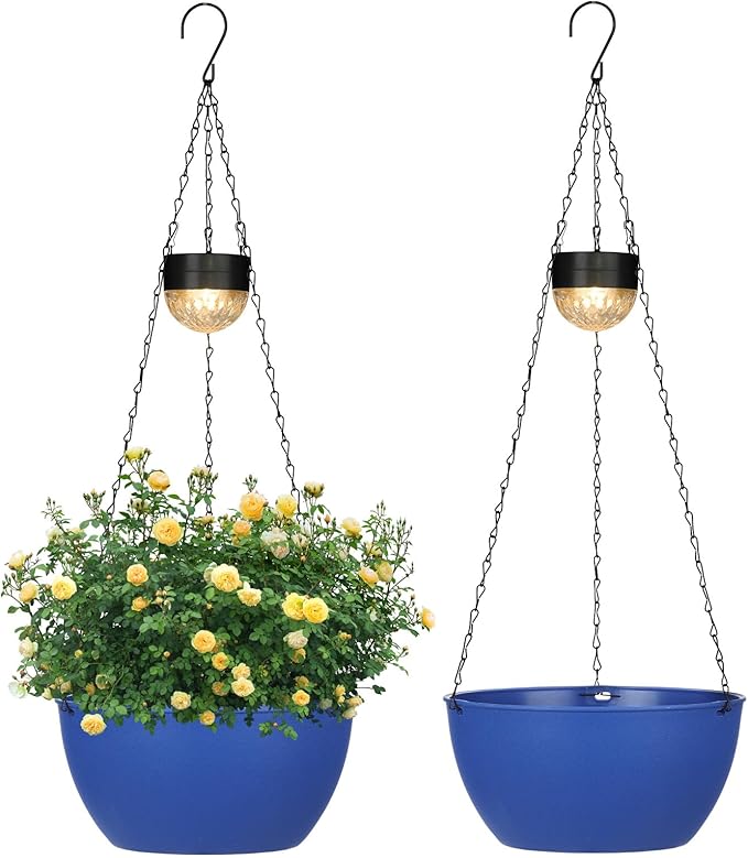 2 Packs Hanging Planters Basket for Outdoor Plants, Solar Powered Self Watering Blue Round Plastic Flower Pots with Drainer for Balcony Patio Garden Outdoor Decoration-HomvellaHome