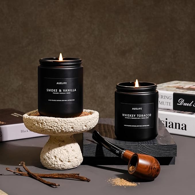 2 Pack Candle | Smoke & Vanilla + Whiskey Tobacco - Candles for Men - Masculine Candle, Soy Candles for Home Scented - Gifts for Men, Home Fragrance Manly Gifts - Each of 7oz-HomvellaHome