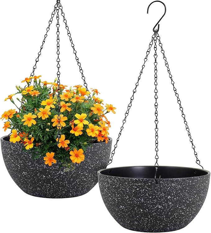 12 inch Large Hanging Planters for Indoor Outdoor Plants, 2 Pack Hanging Flower Pots with Drainage Holes and Chain for Garden Porch, Plastic Hanging Baskets for House Plants, Speckled Black-HomvellaHome